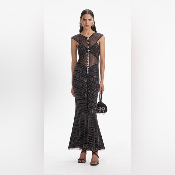 Self-Portrait Dresses & Skirts - New Self Portrait Black Rhinestone Fishnet Crossover Midi Dress size US 4
